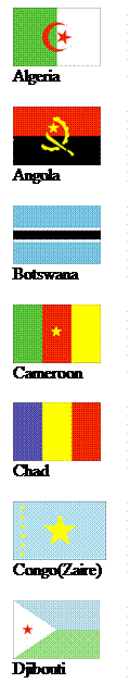 :  &#13;&#10;Algeria&#13;&#10;&#13;&#10; &#13;&#10;Angola&#13;&#10;&#13;&#10; &#13;&#10;Botswana&#13;&#10;&#13;&#10; &#13;&#10;Cameroon&#13;&#10;&#13;&#10; &#13;&#10;Chad&#13;&#10;&#13;&#10; Congo(Zaire)&#13;&#10;&#13;&#10; &#13;&#10;Djibouti&#13;&#10;&#13;&#10;&#13;&#10;